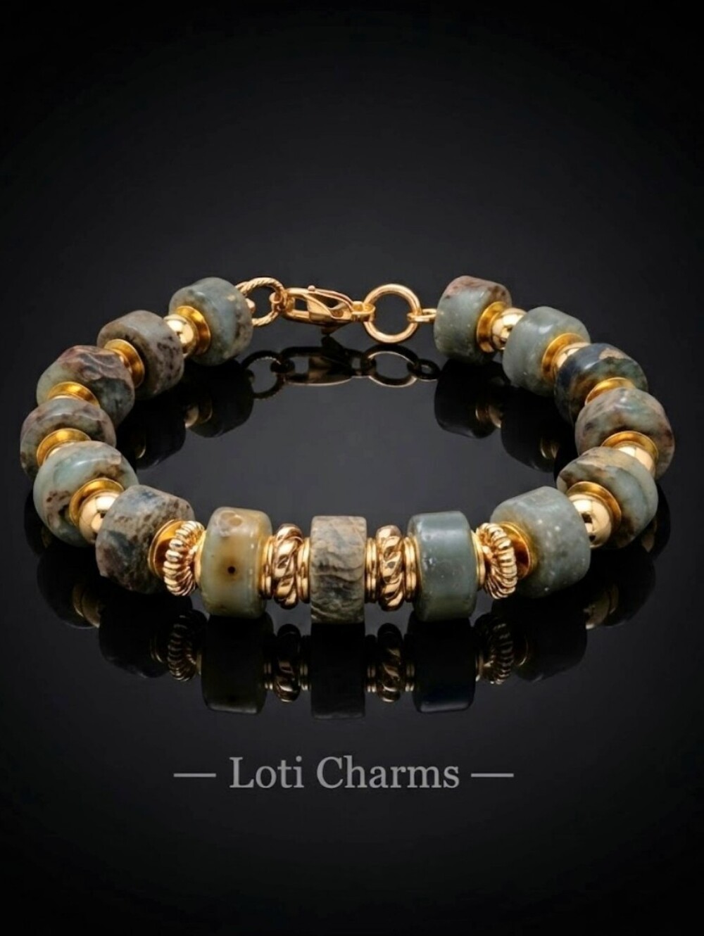Natural African Blue Opal Wheels In Handmade Artisan Gold Plated Bracelet